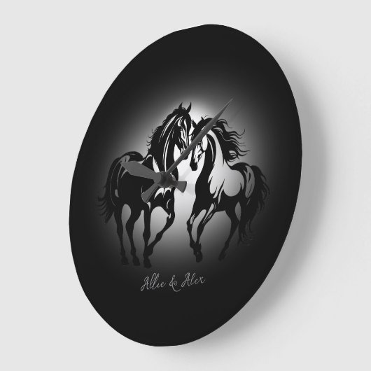 2つの馬の愛の白黒馬好きカップル ラージ壁時計 (傾斜)