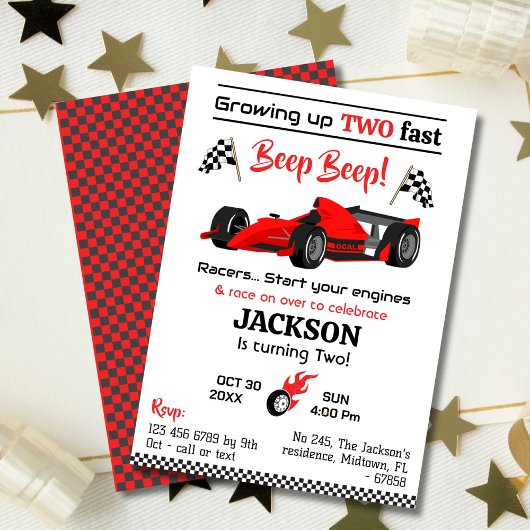 2つの高速な赤いレーススポーツカーの誕生日を成長 招待状