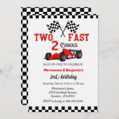 2つの高速レースカーの双子の男の子2nd誕生日パーティー 招待状 (正面/裏面)