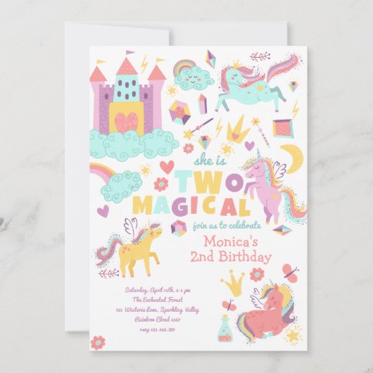 2つの魔法の虹のパステルのユニコーンの2番目の誕生日 招待状 (正面)