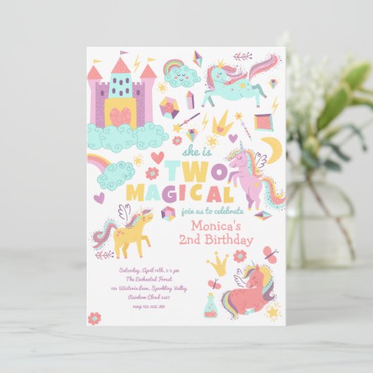 2つの魔法の虹のパステルのユニコーンの2番目の誕生日 招待状 (スタンド正面)
