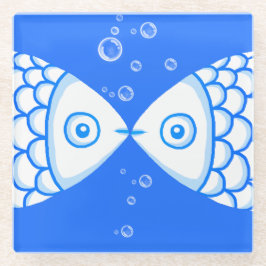 2つの魚座ブルーホワイト抽象芸術パターン ガラスコースター