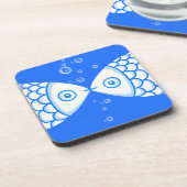 2つの魚座ブルーホワイト抽象芸術パターン コースター (左側)