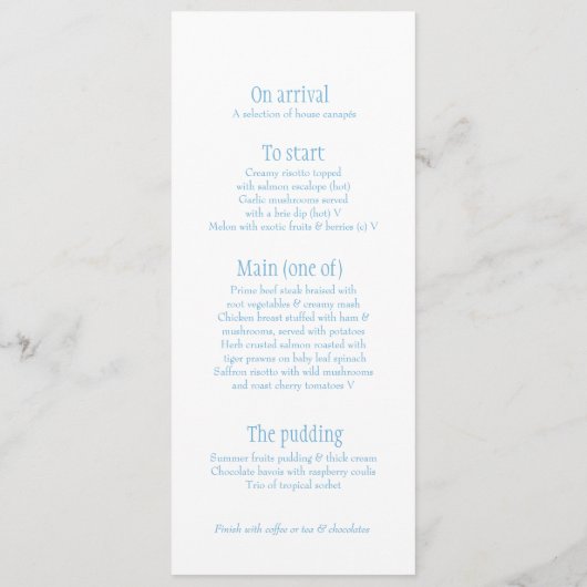 2つの鳩の青と白結婚のディナーメニュー メニュー (裏面)