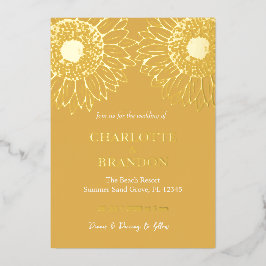 2つの黄色い金ゴールドひまわり結婚の 箔招待状
