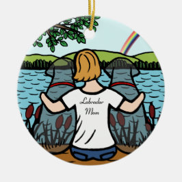 2つの黒いラブラドールの天使およびお母さん2 セラミックオーナメント