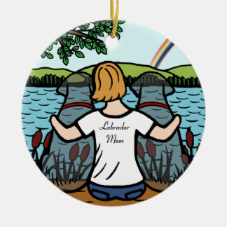 2つの黒いラブラドールの天使およびお母さん2 セラミックオーナメント