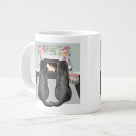 2つの黒いラブラドールドッグクリスマス暖炉のシーン ジャンボコーヒーマグカップ