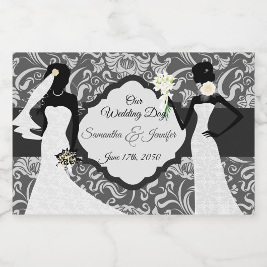 2つの黒は、私たちの結婚式の日ボタニカルダマスクを花嫁 スパークリングワインラベル (シングルラベル)