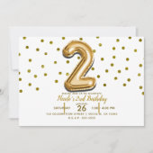 2つの2金ゴールドバルーンと紙吹雪2番目の誕生日パーティー 招待状 (正面)