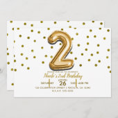 2つの2金ゴールドバルーンと紙吹雪2番目の誕生日パーティー 招待状 (正面/裏面)