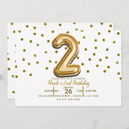 2つの2金ゴールドバルーンと紙吹雪2番目の誕生日パーティー 招待状 (正面/裏面)