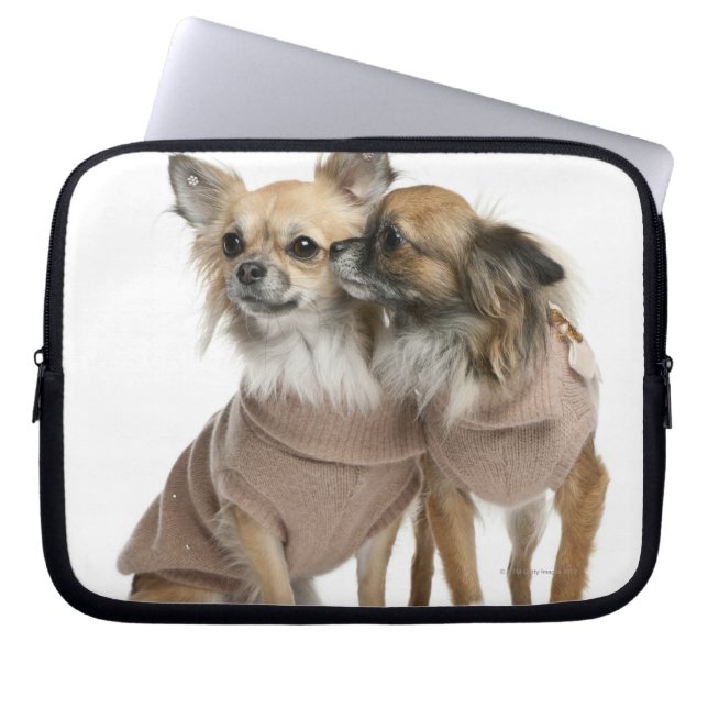 2つのChihuahuas服を着た（2歳） ラップトップスリーブ (正面)