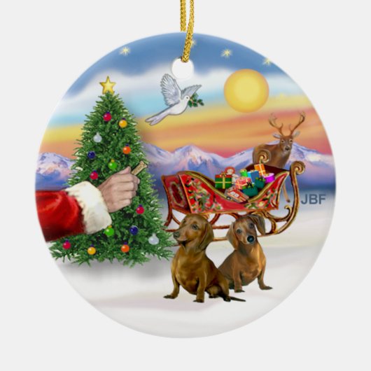 2つのDachshunds (赤/茶色)の治療 セラミックオーナメント (正面)