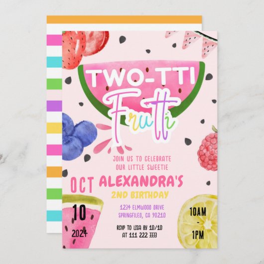 2つのFruttiトゥッティフルーティ2番目のフルーツ誕生日 招待状 (正面/裏面)