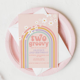 2つのGroovyパステルレインボー2ND誕生日 招待状