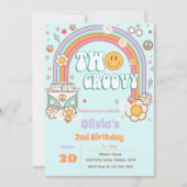 2つのGroovyレインボーフラワー2nd誕生日招待状 招待状 (正面)