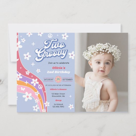 2つのGroovyレインボーフローラ2nd誕生日パーティー写真 招待状 (正面)