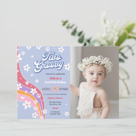 2つのGroovyレインボーフローラ2nd誕生日パーティー写真 招待状 (スタンド正面)