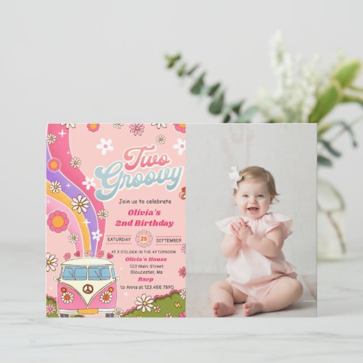 2つのGroovyレインボーフローラ2nd誕生日パーティー写真 招待状 (スタンド正面)