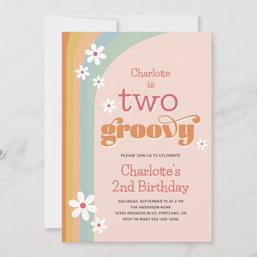 2つのGroovyレトロデイジー女の子の2番目の誕生日 招待状 (正面)