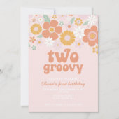 2つのGroovyレトロフローラ最初の誕生日招待状 招待状 (正面)