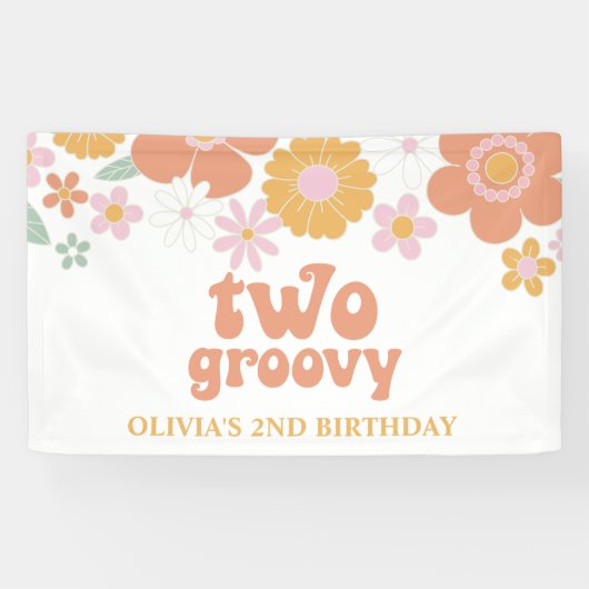 2つのGroovyレトロフローラ誕生日バナー 横断幕 (横)