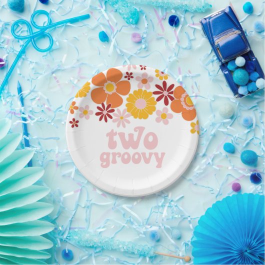 2つのGroovyレトロフローラ2番目の誕生日招待状 ペーパープレート (パーティー)