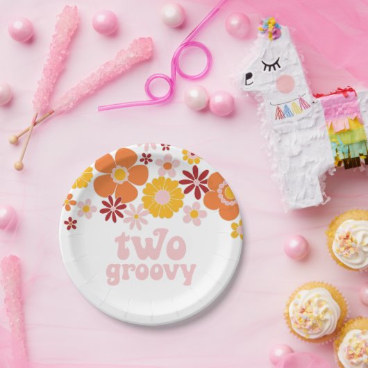 2つのGroovyレトロフローラ2番目の誕生日招待状 ペーパープレート (パーティー)