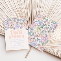 2つのGroovyレトロフローラ2番目の誕生日招待状
