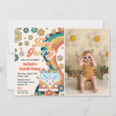 2つのGroovyレトロフローラ2nd誕生日パーティー写真 招待状 (正面)