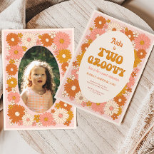 2つのGroovyレトロフローラ2nd誕生日招待状