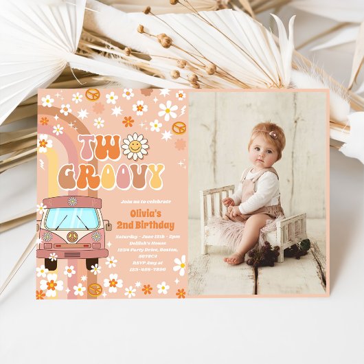 2つのGroovyレトロレインボー2ndバースデーフォト 招待状