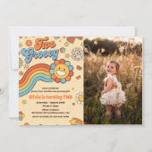 2つのGroovyレトロレインボー2nd誕生日パーティー写真 招待状 (正面)
