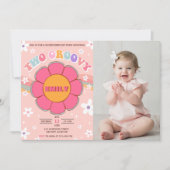 2つのGroovyレトロレインボー2nd誕生日パーティー写真 招待状 (正面)