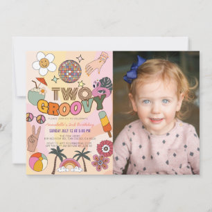 2つのGroovyレトロ写真2番目の誕生日 招待状