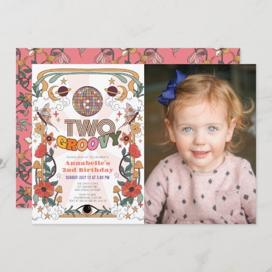 2つのGroovyレトロ女の子の写真2番目の誕生日 招待状 (正面/裏面)