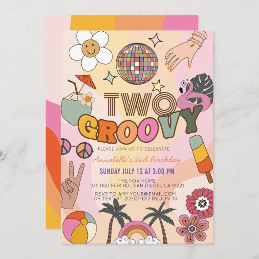 2つのGroovyレトロ2番目の誕生日 招待状 (正面/裏面)