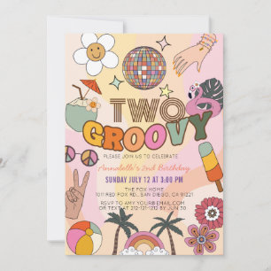 2つのGroovyレトロ2番目の誕生日 招待状