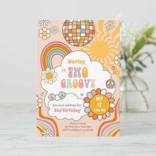 2つのGroovyレトロ70sレインボーガール2nd誕生日 招待状 (スタンド正面)