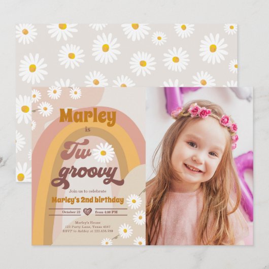 2つのGroovy第2誕生日第2レトロボホデイジーイン 招待状 (正面/裏面)