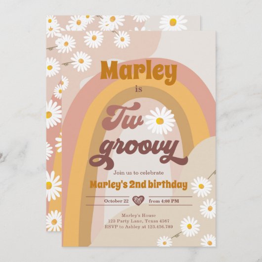 2つのGroovy第2誕生日第2レトロボホデイジーイン 招待状 (正面/裏面)