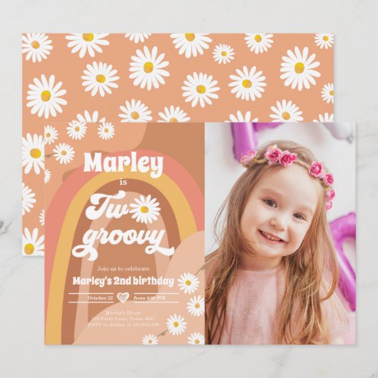 2つのGroovy第2誕生日第2レトロボホデイジーイン 招待状 (正面/裏面)