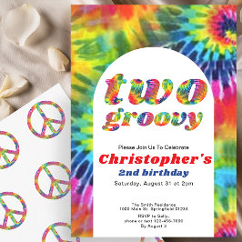2つのGroovy誕生日レトロ絞り染め70sヒッピー 招待状