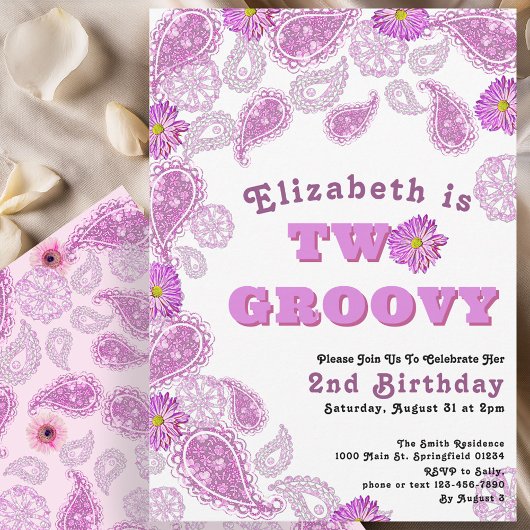 2つのGroovy 2番目の誕生日ピンクのペイズリーと花 招待状