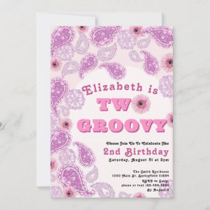2つのGroovy 2番目の誕生日ピンクのペイズリーと花 招待状