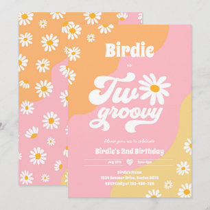 2つのGroovy 2nd誕生日パーティーボホレトロデイジーInv 招待状