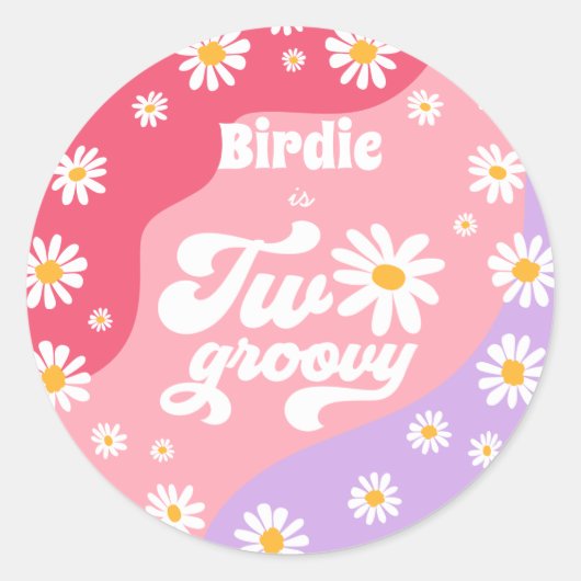 2つのGroovy 2nd誕生日パーティーレトロデイジーの好意 ラウンドシール (正面)