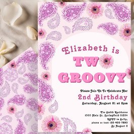 2つのGroovy 2nd誕生日ピンクペイズリーフラワーパワー 招待状