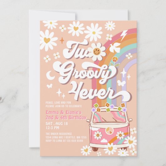 2つのGroovy 4everジョイント2エイジズピンクGroovy誕生日 招待状 (正面)